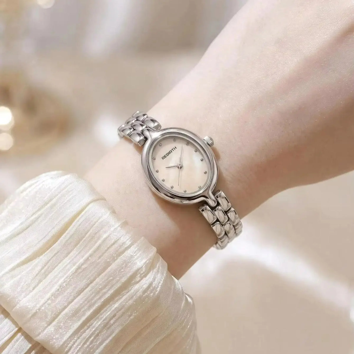 REBIRTH Women's Oval Mother-of-Pearl Quartz Watch | Steel Strap Women's Quartz Watch Nixie
