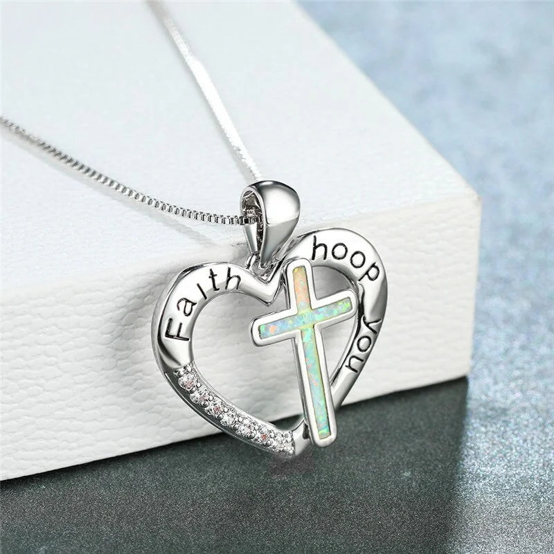Vintage Cross Imitation Opal Pendant Necklace | Silver Chain Pendant Necklace Nixie