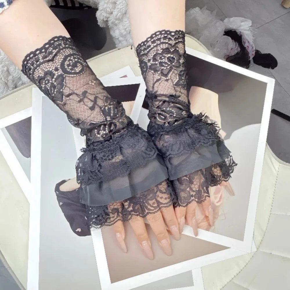 Ruched Detachable Flared Cuffs – Lolita Ballet Wrist Sleeves Detachable Wrist Cuffs Nixie Black