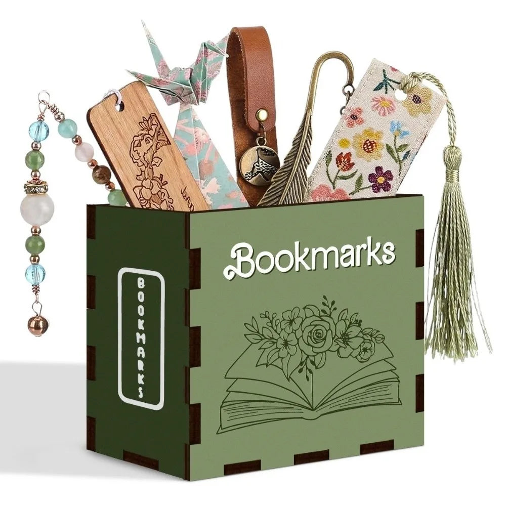 Wood Book-Shaped Bookmark Storage Box & Desktop Pen Organizer