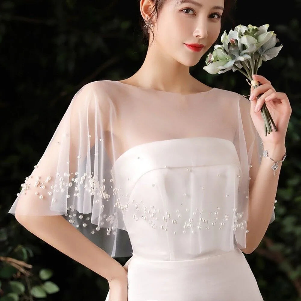 Lace Bridal Shawl Cape with Pearl Jewel Collar for Women Bridal Shawl Cape Nixie Style 2