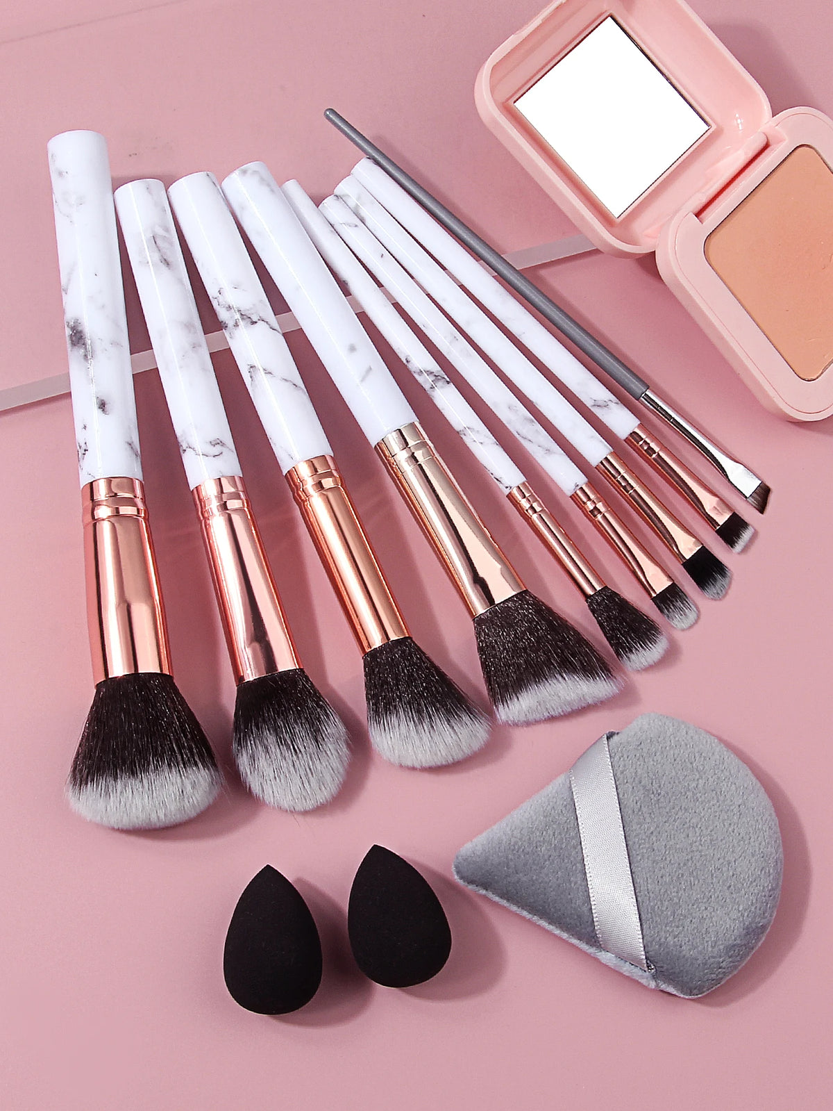10Pcs Marble Makeup Brush Set with Sponge Puff – Full Kit Makeup Brush Set Nixie