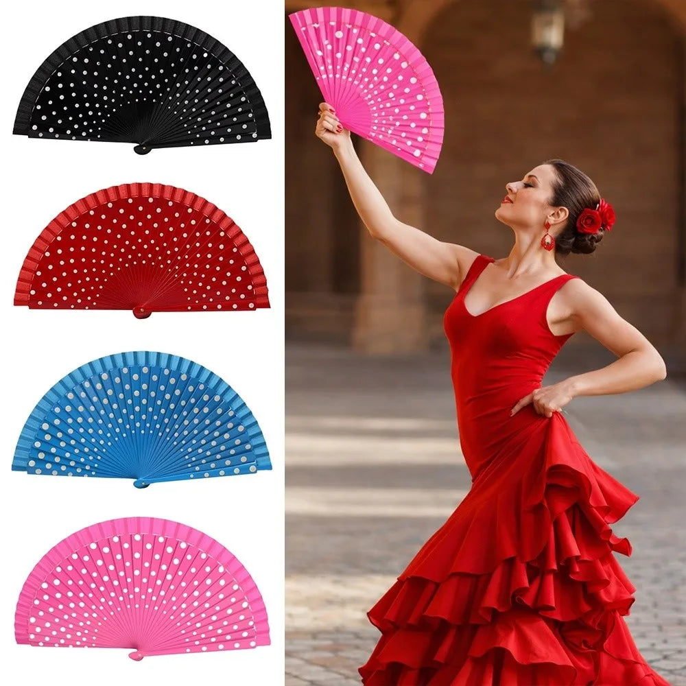 Wood Flamenco Folding Fan – Dots Pattern Dance & Party