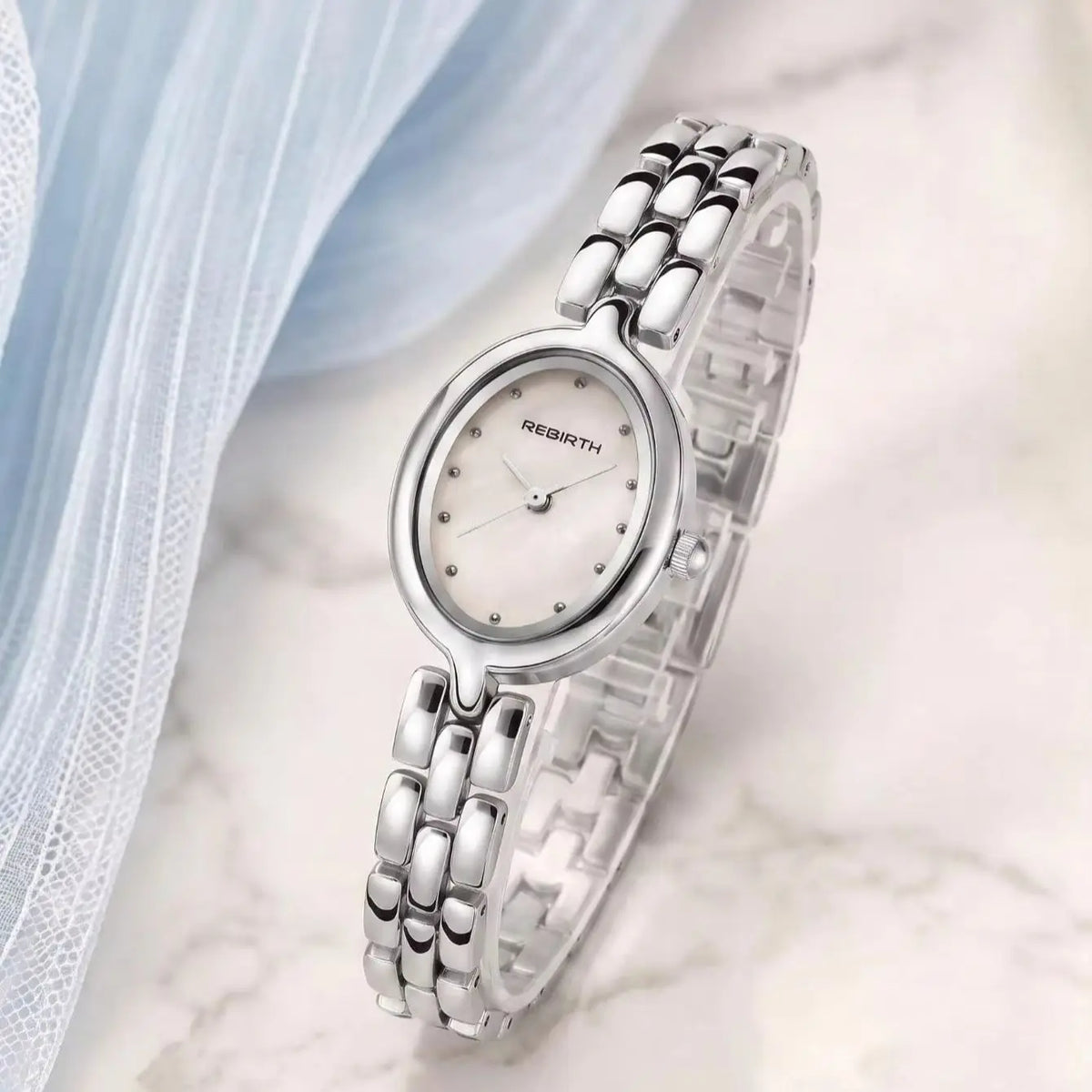 REBIRTH Women's Oval Mother-of-Pearl Quartz Watch | Steel Strap Women's Quartz Watch Nixie