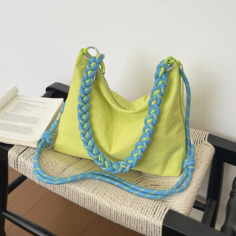 Woven Rope Shoulder Tote Bag – Large Nylon Bag for Women
