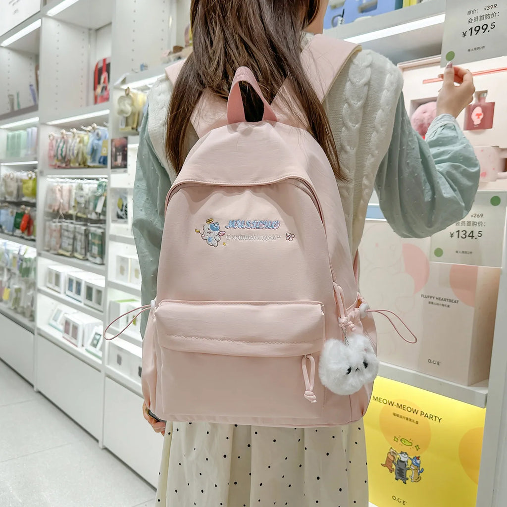 Korean Cute Cartoon Embroidered Backpack – Lightweight School Bag Embroidered Backpack Nixie Pink