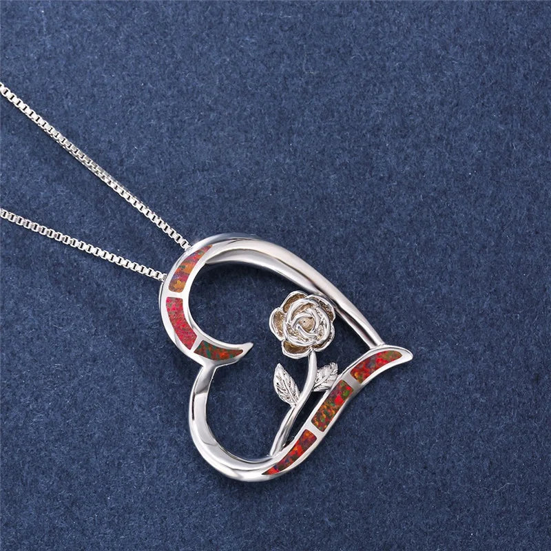 Women's Simulated Opal Rose Heart Pendant Necklace Pendant Necklace Nixie