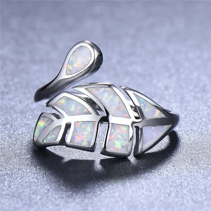 White Simulated Opal Leaves Ring | Adjustable Silver Band