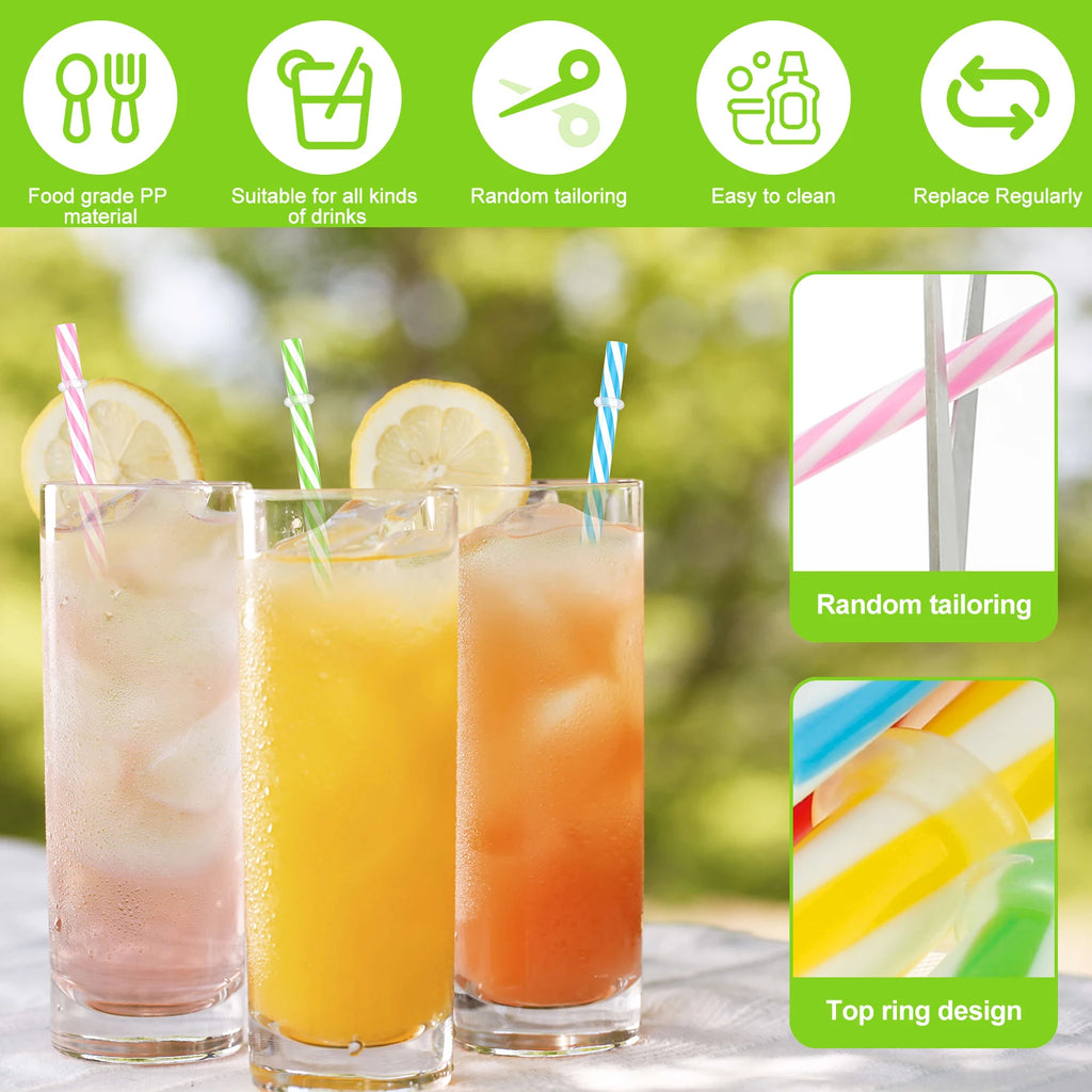24Pcs Reusable Candy-Striped Plastic Drinking Straws + Brush
