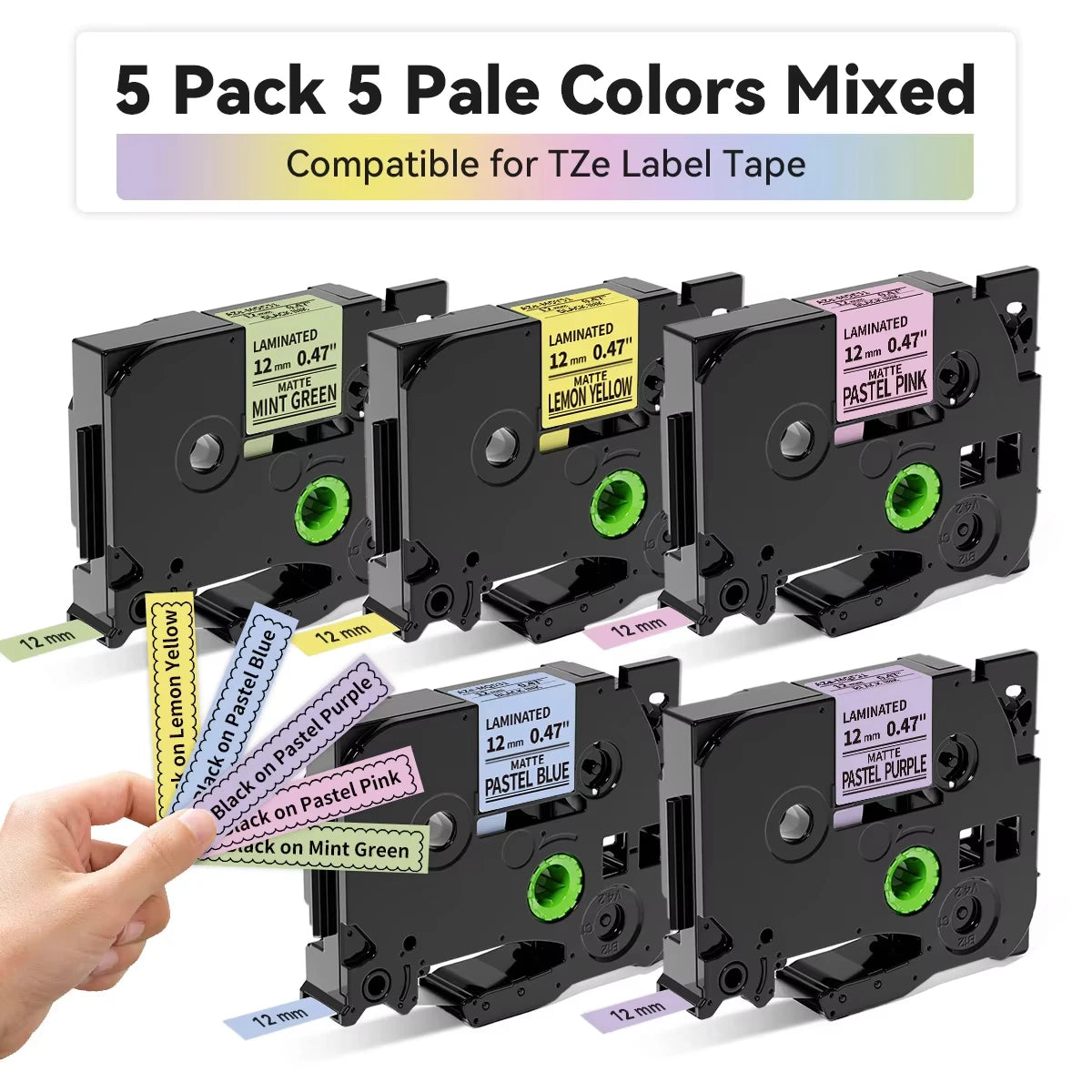 Labelife 12mm Mixed Pale Matte Label Tapes for Brother P-Touch 5-Pack Label Maker Tape Nixie 5PK