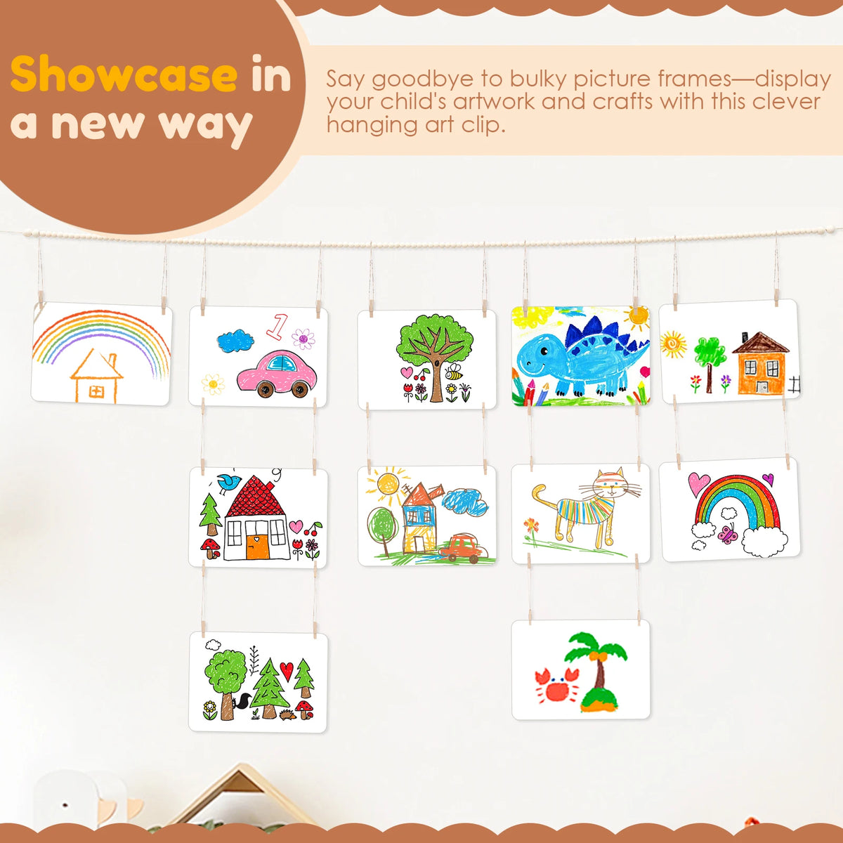 Kids Artwork Display – Wooden Bead Hanging Clip Wall Decor Artwork Display Hanger Nixie