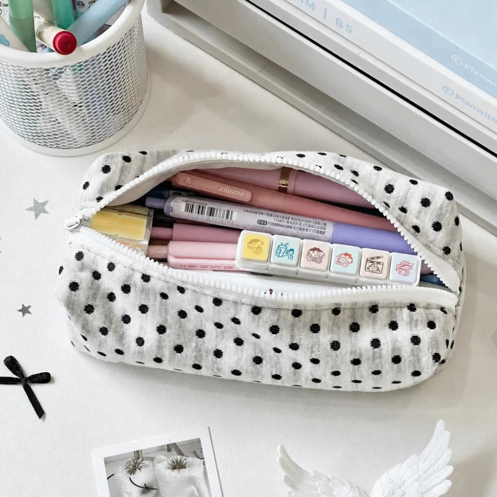Korean Polka Dot Pencil Case – Large Capacity Fabric Pen Bag