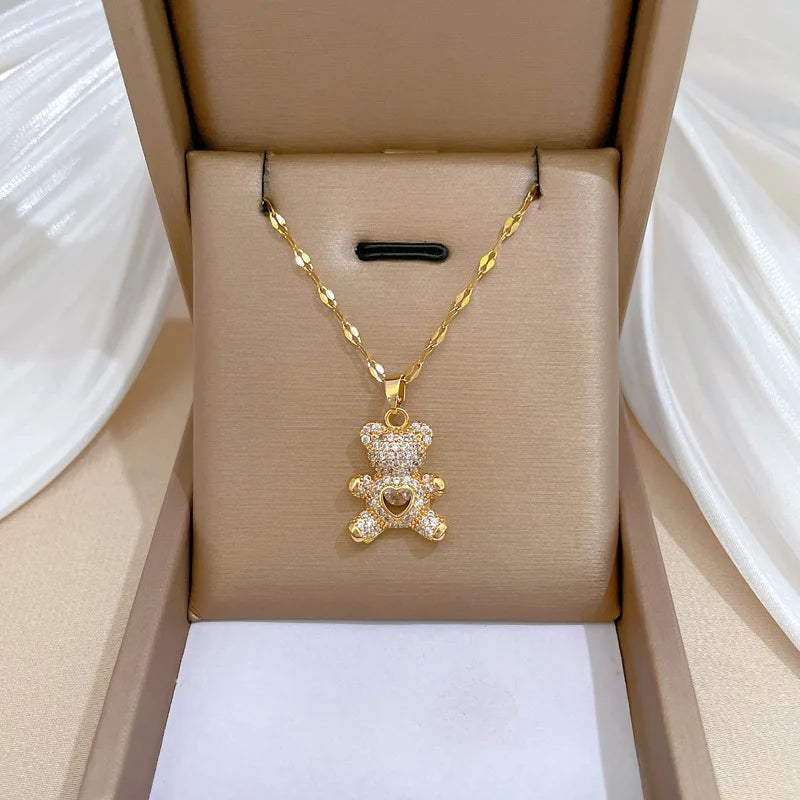 Heart Bear Pendant Gold Choker Necklace – Stainless Steel Pendant Choker Necklace Nixie