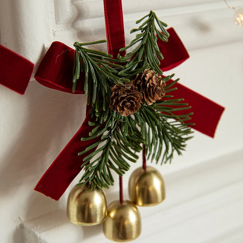 Christmas Jingle Bell Door Hanger – Velvet Bow & Pine Cone Ornament Christmas Door Ornament Nixie