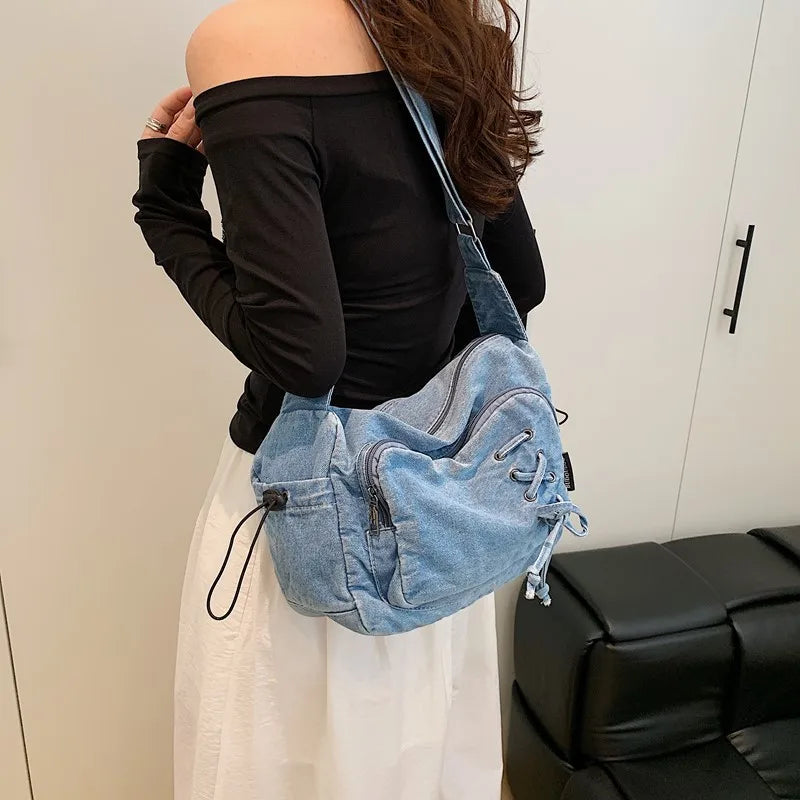 Korean Denim Crossbody Bag – Women's Multi-Pocket Shoulder Bag Denim Crossbody Bag Nixie BB-448-Blue