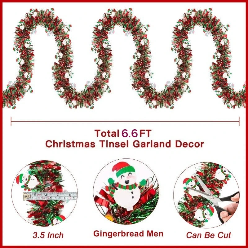 6.6FT Red Green Tinsel Garland with Snowman Ornaments | Xmas Decor Christmas Tinsel Garland Nixie