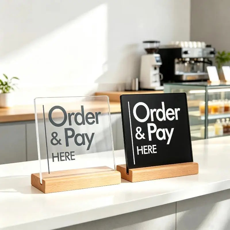 Acrylic Order & Pay Here Desk Sign with Wood Base | Double Sided Tabletop Desk Sign Nixie