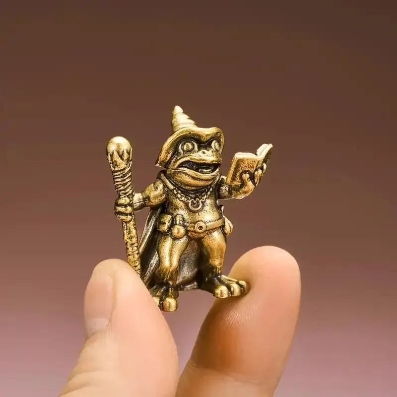 Vintage Brass Frog Wizard Statue – Magic Wand Figurine Decorative Figurine Nixie