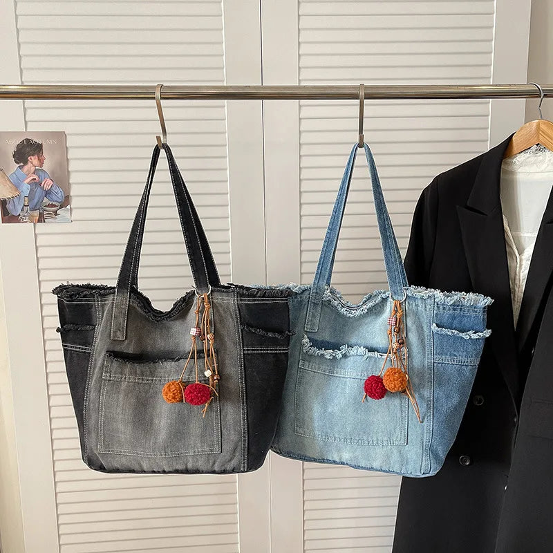 Japanese Washed Denim Tote Bag – Large Women's Shoulder Bag Denim Tote Bag Nixie