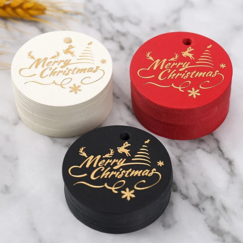 100Pcs Round Christmas Gift Tags – White & Red Paper Labels