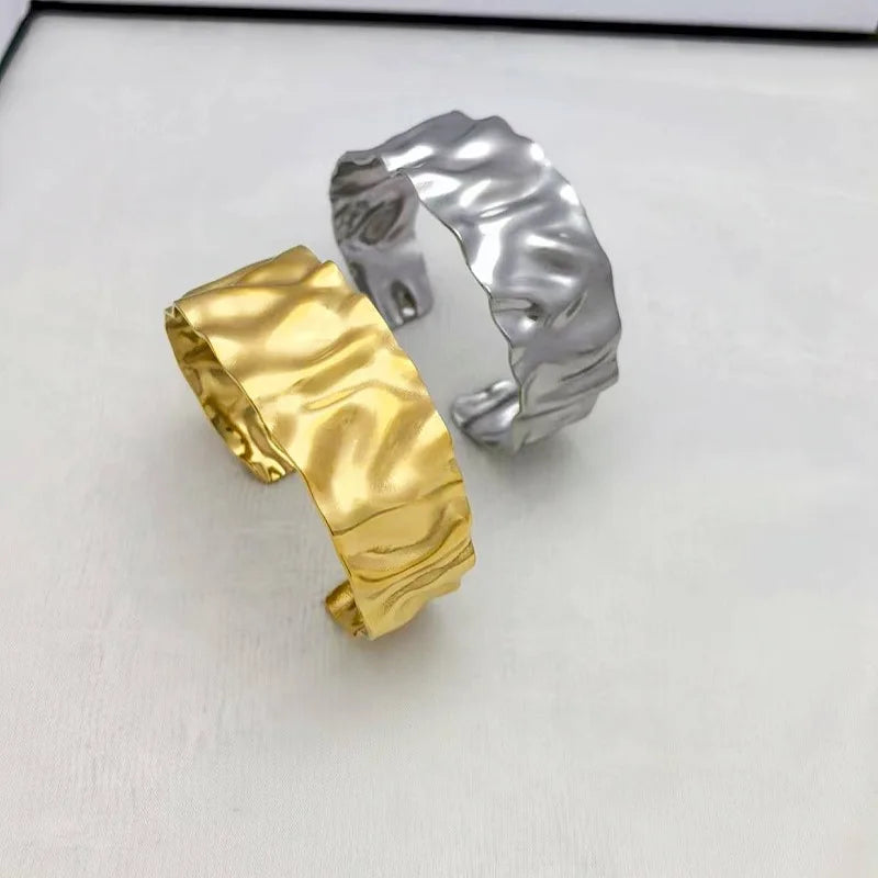 Stainless Steel Hammered Cuff Bracelet – Wide Statement Bangle