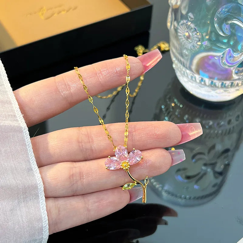 Pink Zircon Leaf Flower Choker Pendant Necklace | Nixie Pendant Necklace Nixie