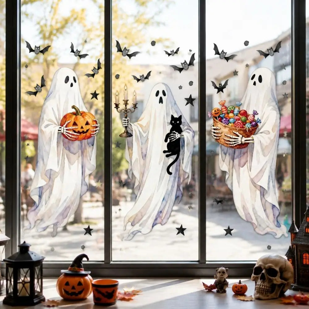 Halloween Window Stickers – Ghost, Pumpkin, Bat & Cat PVC