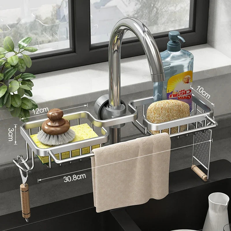 Aluminum Sink Drain Rack Sponge Holder & Soap Organizer Sink Drain Rack Nixie Silver