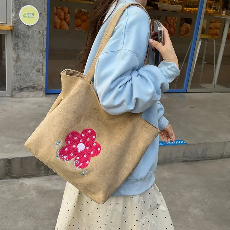 Cartoon Flower Embroidery Canvas Shoulder Bag | Korean Style Canvas Shoulder Bag Nixie