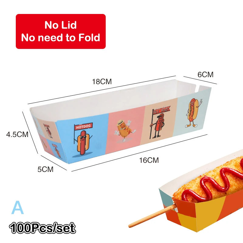 100pcs No-Fold Hot Dog Paper Boxes – Disposable Food Trays Disposable Food Tray Nixie A