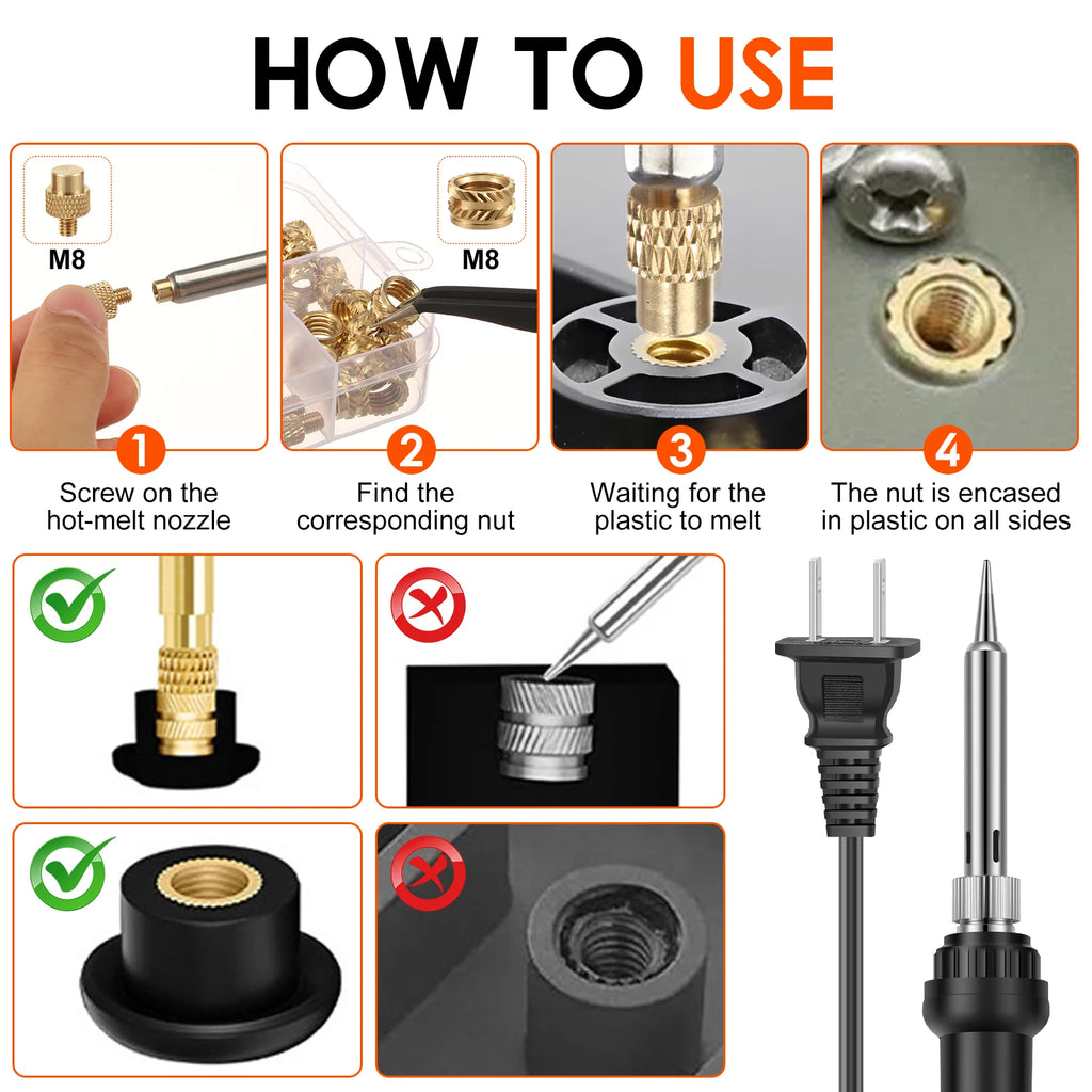 Brass Heat Set Insert Kit – 60W Iron, 6 Tips & 130 Inserts