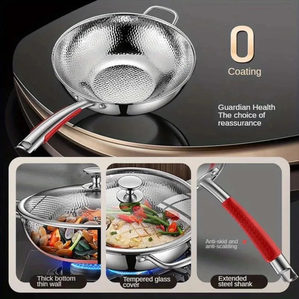 FEB.WIND Stainless Steel Uncoated Frying Pan Wok Skillet Stainless Steel Skillet Nixie