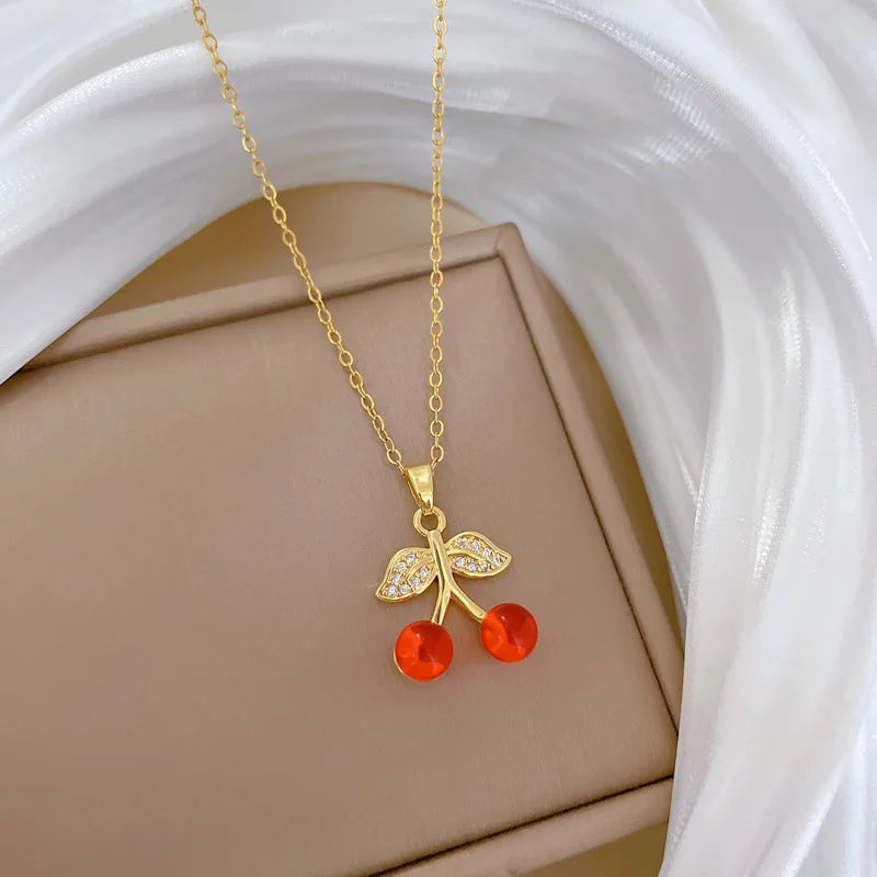 Cherry Pendant Necklace Women – Gold Stainless Steel Chain Pendant Necklace Nixie
