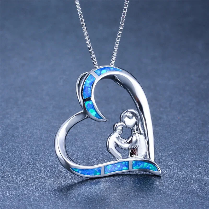 Baby Heart Pendant Necklace Blue Simulated Opal Gift for Mom
