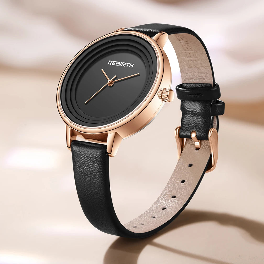 REBIRTH Casual Leather Strap Quartz Watch – Minimalist Leather Strap Watch Nixie