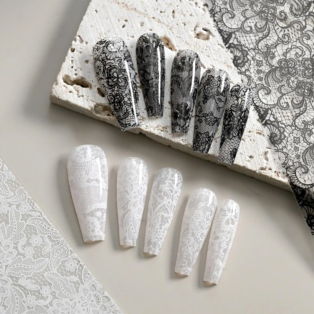 Lace Nail Art Foils Set – 10pc Black & White Stickers + Storage Box Nail Art Stickers Nixie
