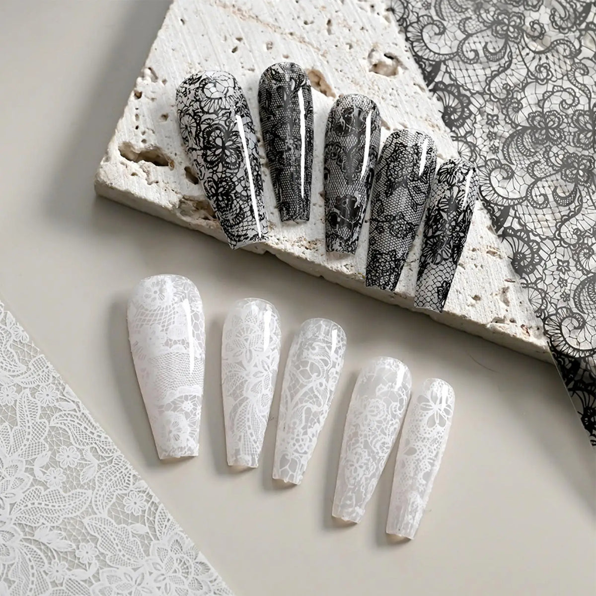 Lace Nail Art Foils Set – 10pc Black & White Stickers + Storage Box Nail Art Stickers Nixie