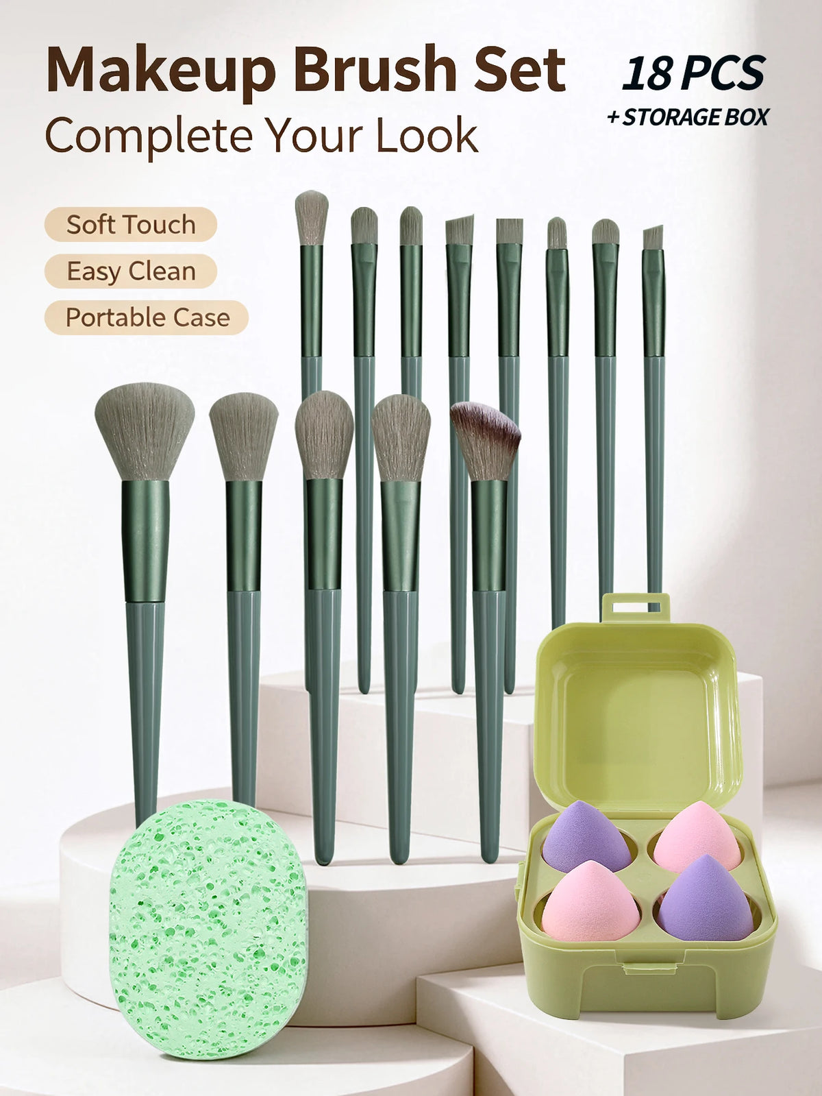 19-Piece Makeup Brush Set With Storage Box, Puffs & Sponge Makeup Brush Set Nixie