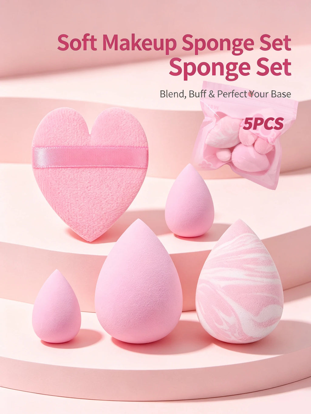 5-Piece Multi-Shape Makeup Sponge Set with Heart Puff Makeup Sponge Set Nixie Pink