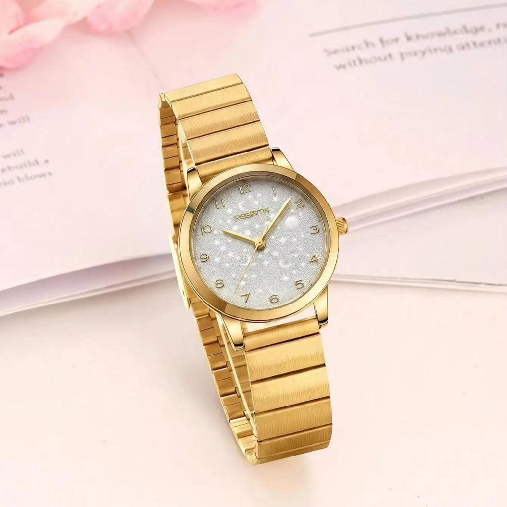 REBIRTH Women's Gold Starry Sky Dial Quartz Watch | 3 Bar Women's Quartz Watch Nixie