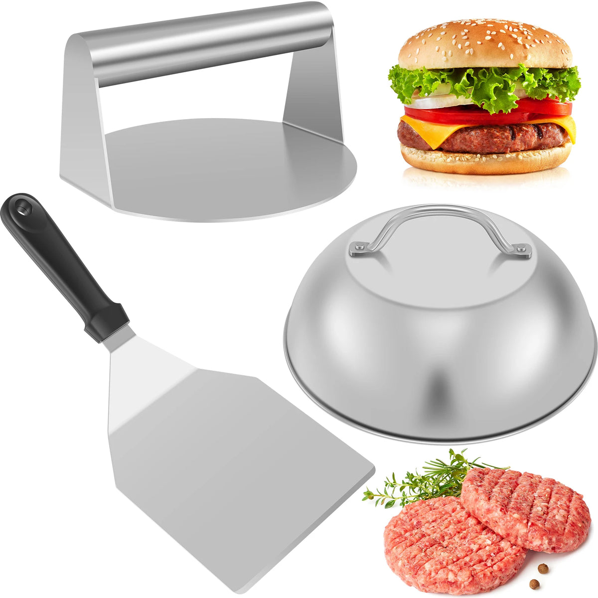 Smash Burger Press Kit – Stainless Steel Press, Spatula & Cover Burger Press Kit Nixie