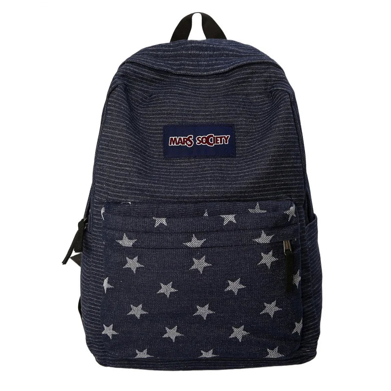 Korean Denim Backpack Color-Block Stripes & Stars – Women Denim Backpack Nixie