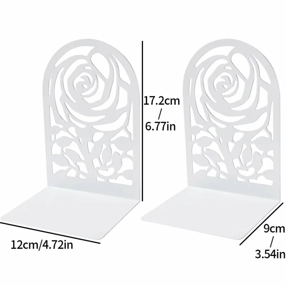 2Pcs Metal Rose Hollow Bookends – Decorative White Book Ends Decorative Bookends Nixie