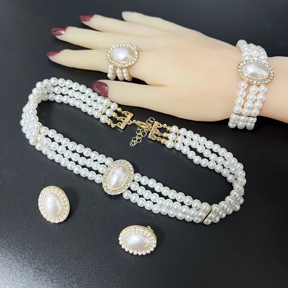 White Pearl Rhinestone Necklace Earrings Set – Bridal Jewelry Pearl Jewelry Set Nixie