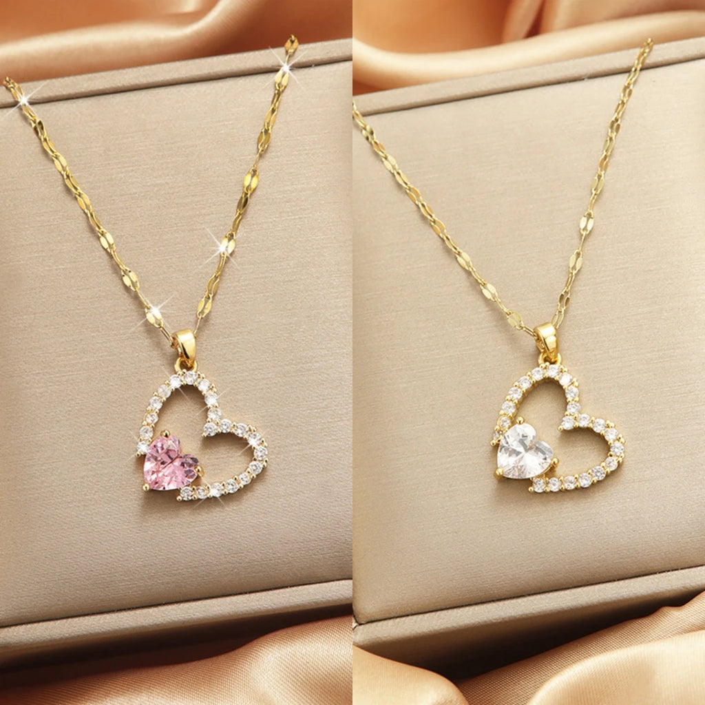Pink Zircon Heart Necklace – Women's Minimalist Clavicle Chain Pendant Necklace Nixie
