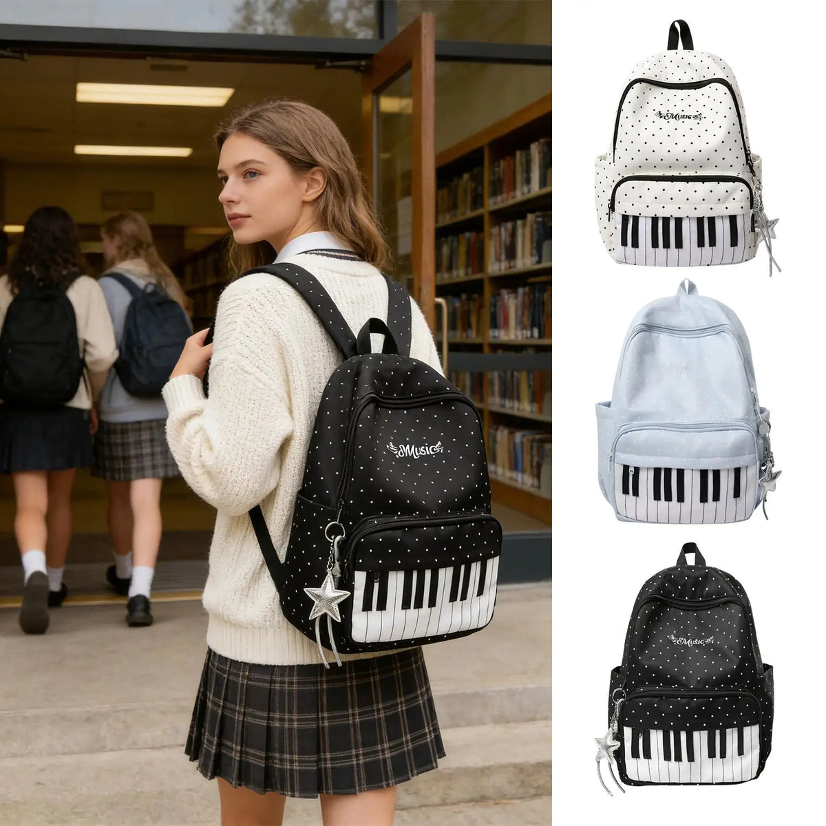 Nylon Piano Print Color-Block Travel Backpack – Large Capacity Fashion Backpack Nixie