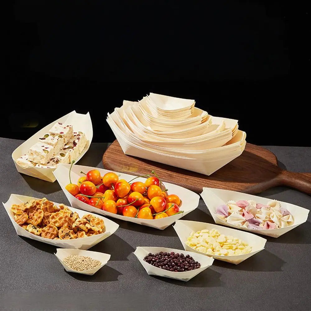 50PCS Disposable Wooden Boat-Shaped Plates | Multi-Size Trays Disposable Serving Plates Nixie