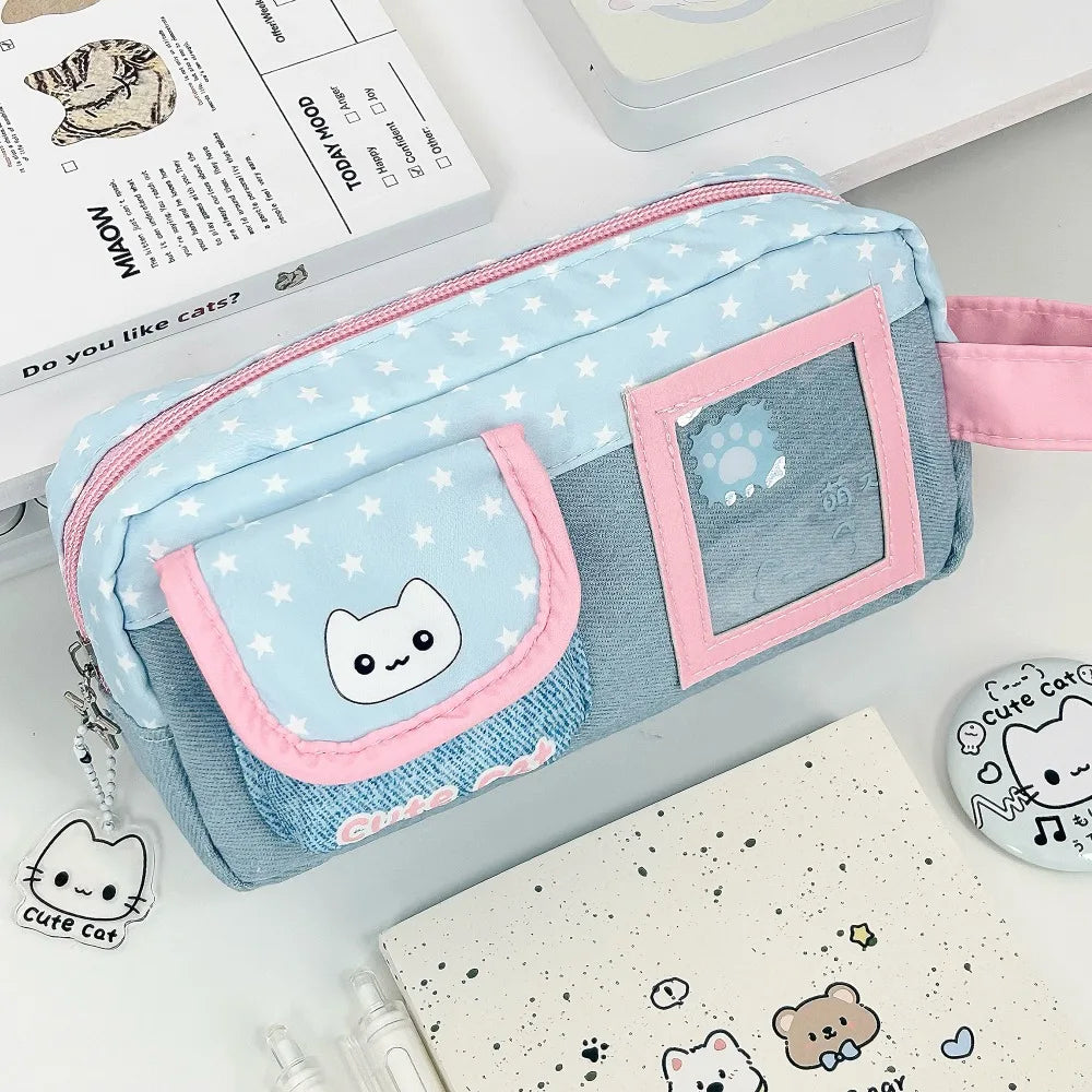 Denim Patchwork Pencil Case | Cat Print Large Capacity Pen Bag