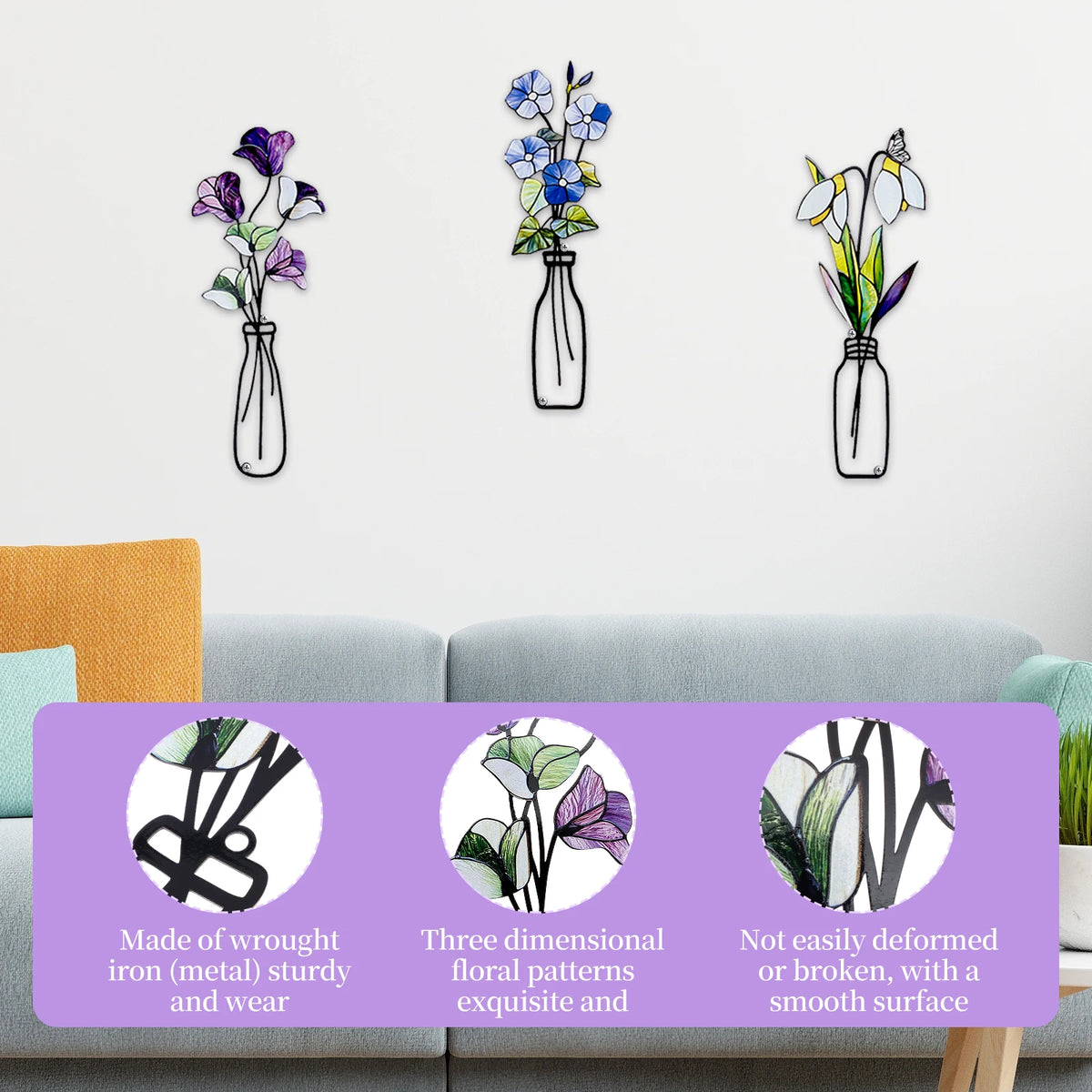 Metal Flower Wall Art Set – Rustic Farmhouse Decor (3 Pcs) Metal Wall Art Nixie