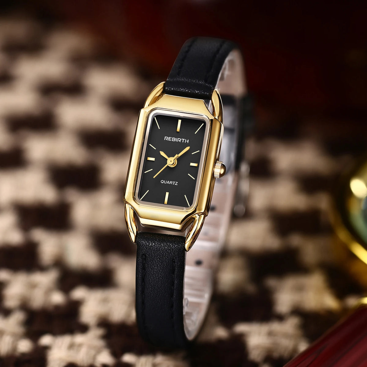 REBIRTH Women's Retro Leather Strap Quartz Watch | Rectangle Dial